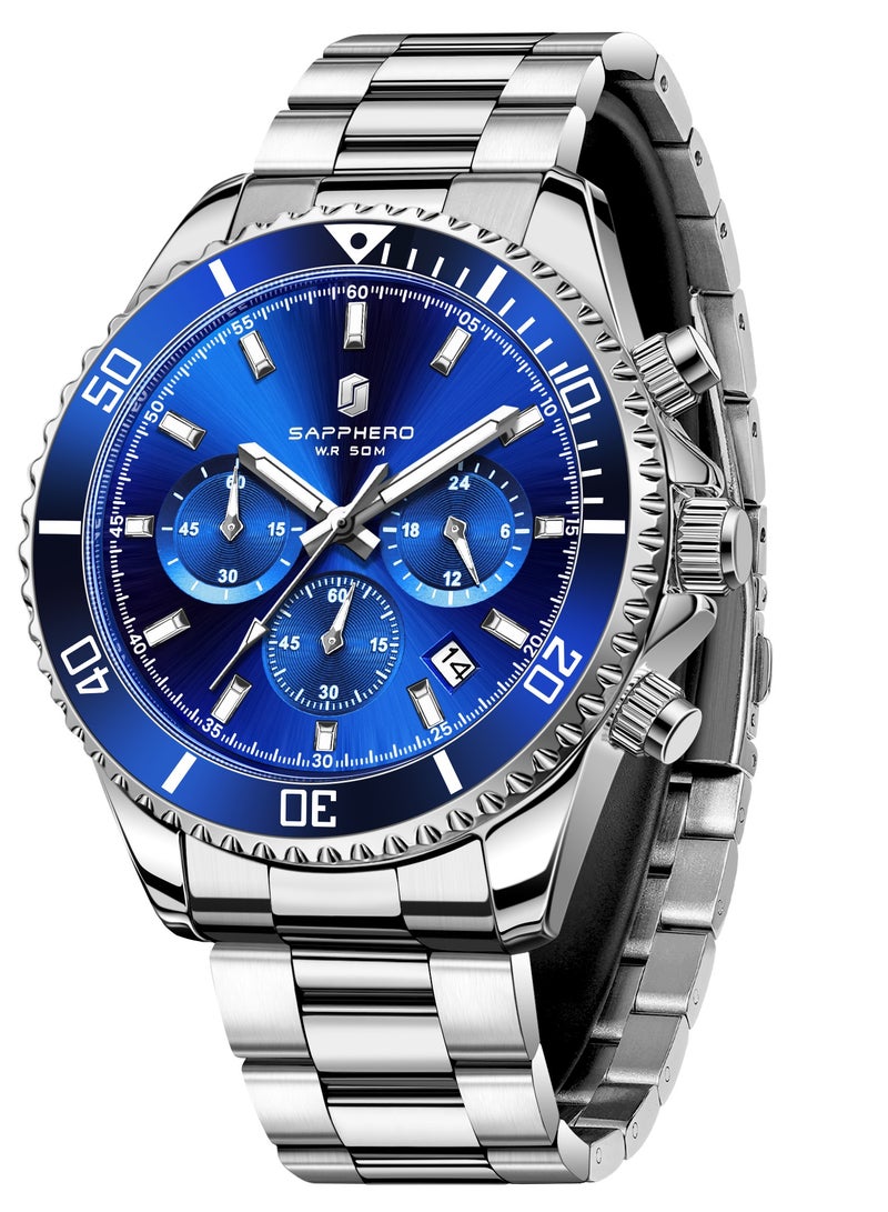 سافيرو ساعة سابفيرو كرونوغراف رجالية من الفولاذ المقاوم للصدأ، مقاومة للماء حتى عمق 50 مترًا، ساعة كوارتز تناظرية مع عرض التاريخ، ساعة كلاسيكية فاخرة وأنيقة، هدية مثالية للرجال. - Image 1